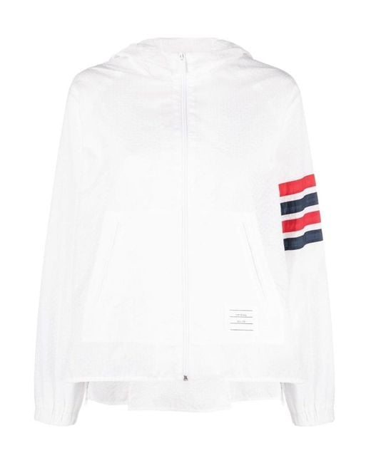 Thom Browne White 4-Bar Stripe Detailed Hooded Jacket