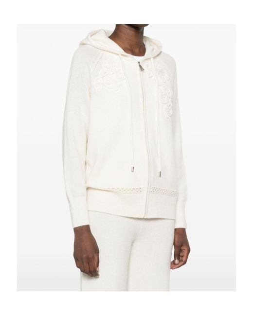 ERMANNO FIRENZE White Floral-Embroidered Open-Knit Hoodie