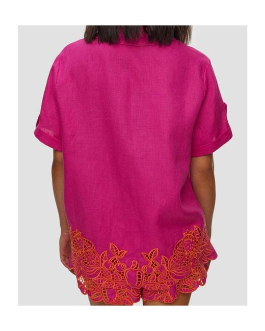 Farm Rio Pink Guipure-Lace-Trim Short-Sleeve Shirt