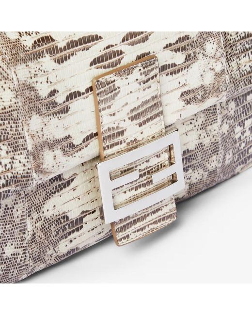 Fendi Metallic Baguette 26424 Parchment-Coloured Lizard-Leather Bag