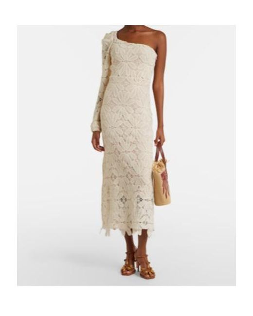 Farm Rio White One-Shoulder Floral Crochet Cotton Midi Dress