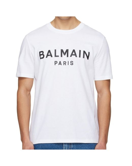 Balmain White Logo Printed Crewneck T-Shirt for men