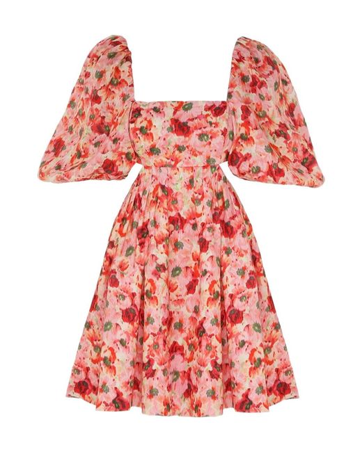 Zimmermann Red Lightburst Floral-Printed Square Neck Mini Dress