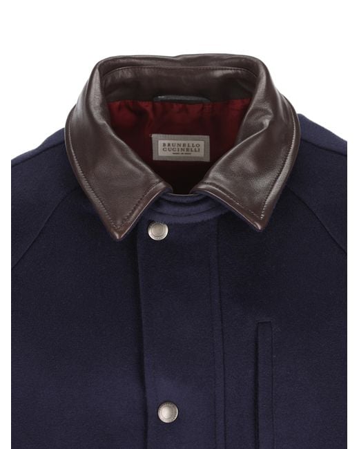 Brunello Cucinelli Blue Snap-Front Stand-Collar Coat for men