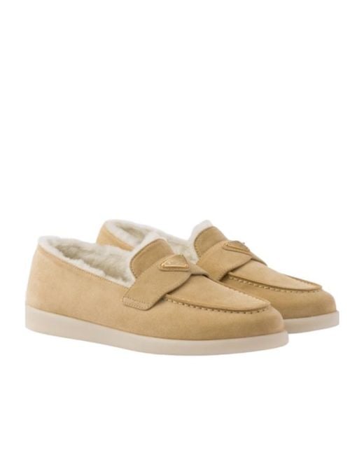 Prada Natural Triangle-Logo Slip-On Loafers
