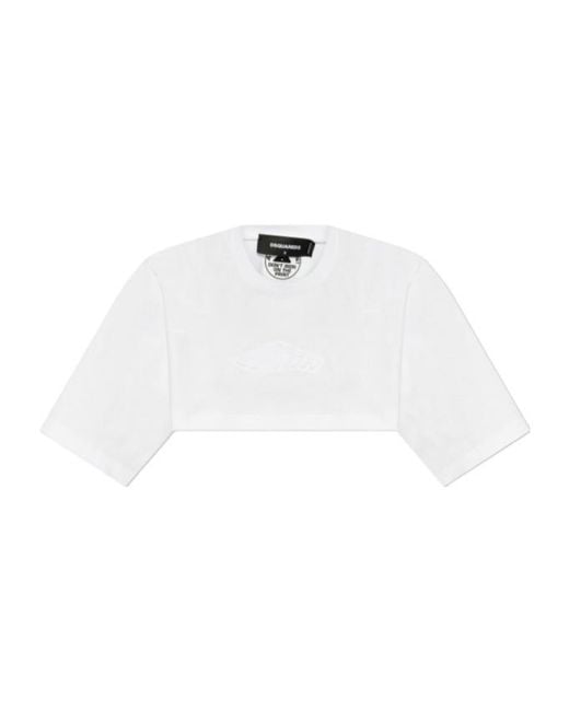 DSquared² White Logo Embossed Cropped T-Shirt