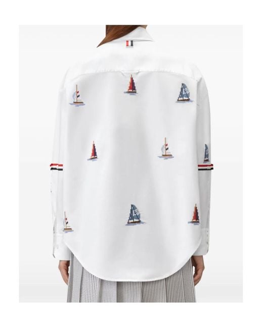 Thom Browne White Sailboat Embroidered Oversized Shirt