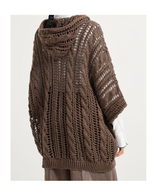 Brunello Cucinelli Brown Zip-Up Hooded Knitted Cardigan