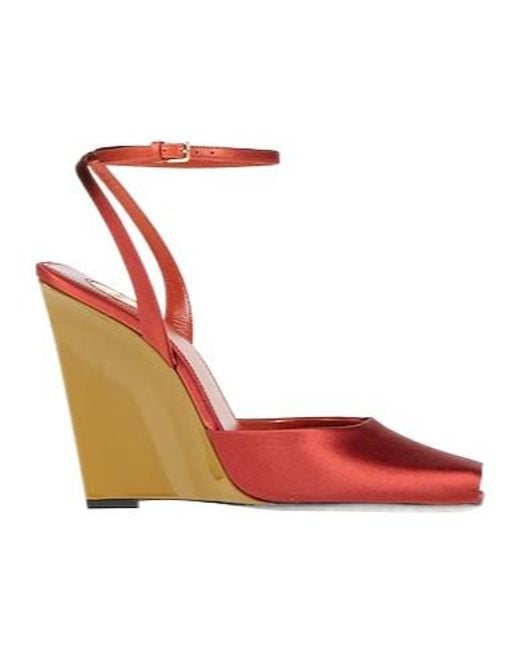 Saint Laurent Red Twotone Satin Wedge Sandals