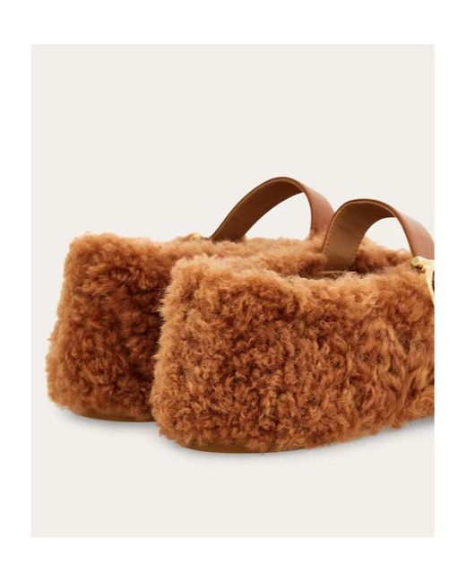 Ferragamo Brown Ferragamo Shearling Buckled Slip-On Ballet Flats