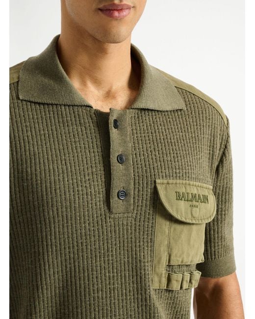 Balmain Green Vintage Utility Ribbed Knit Polo for men