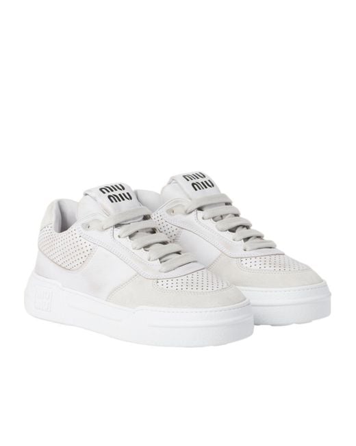 Miu Miu White Bleached Leather And Suede Sneakers