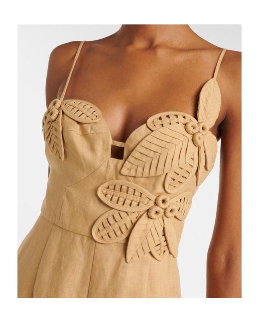 Farm Rio Natural Floral-Appliqué Linen Jumpsuit