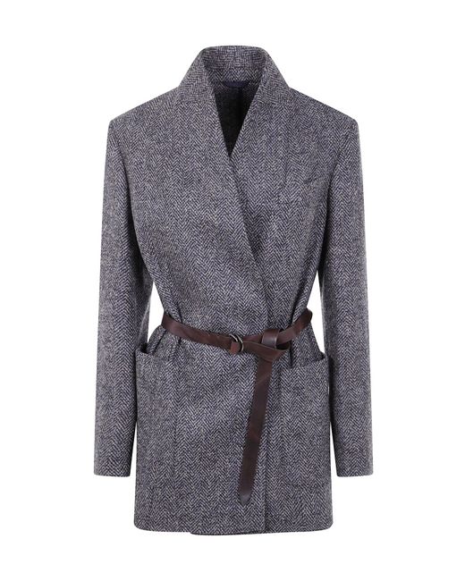Brunello Cucinelli Gray Belted Suit-Type Jacket