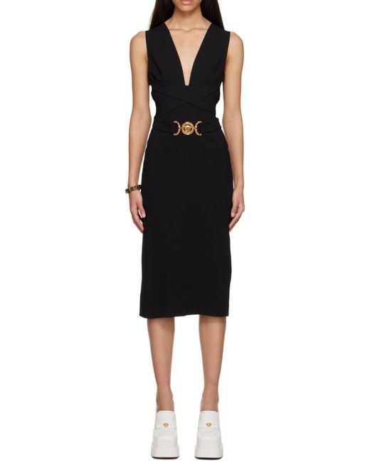 Versace V-Neck Sleeveless Midi Dress in Black | Lyst