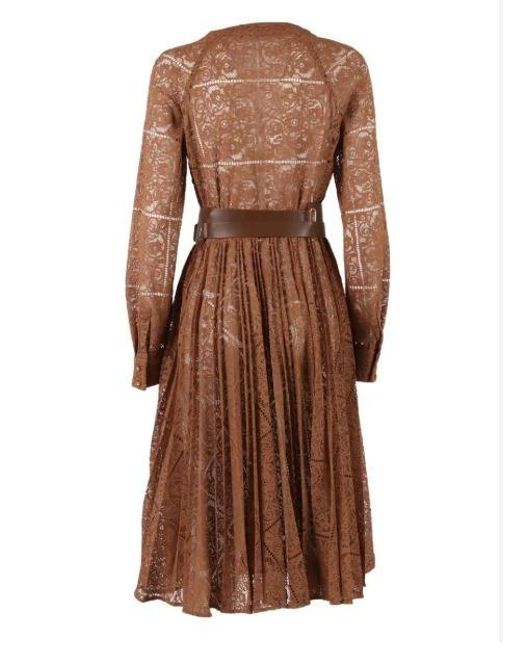 Max Mara Brown Studio V-Neck Pleated Dress