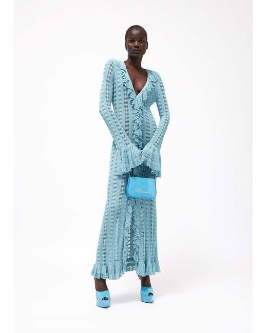 Blumarine Blue Ruffled Knitted Buttoned Maxi Dress