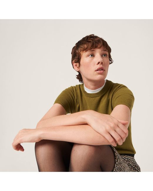 Miu Miu Green Logo Intarsia Knitted Short-Sleeved Pullover