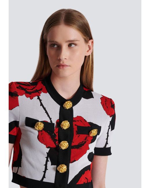 Balmain Red Roses Jacquard Knit Cardigan