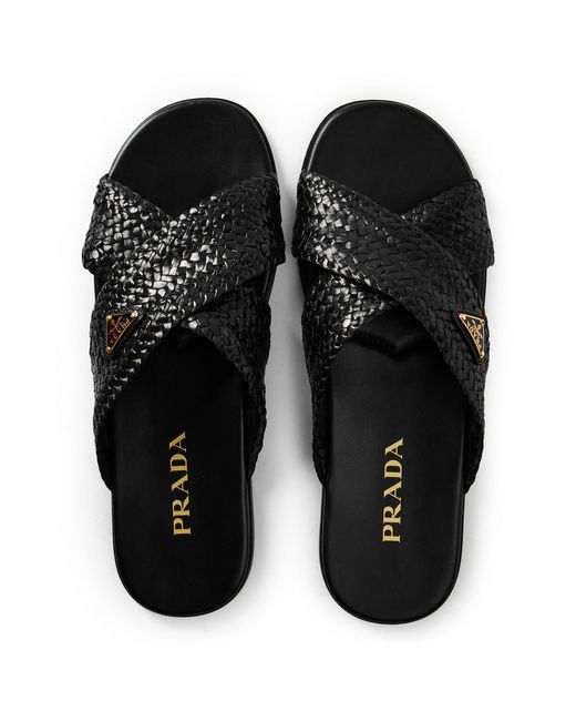 Prada Black Straw Woven Flat Sandals