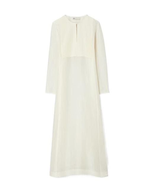 Tory Burch White Pleated Crewneck Long Caftan