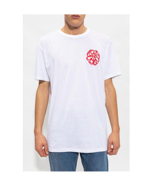 McQueen White Graphic-Print Cotton T-Shirt for men