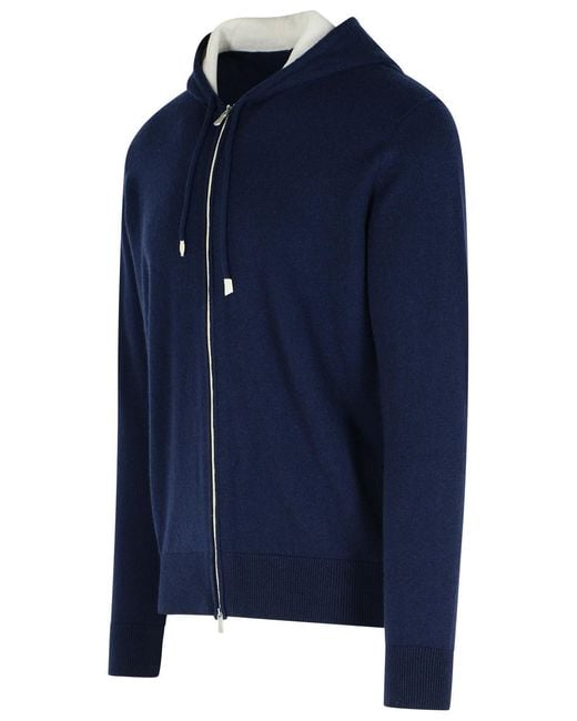 Eleventy Blue Hooded Cashmere Zip Sweater for men