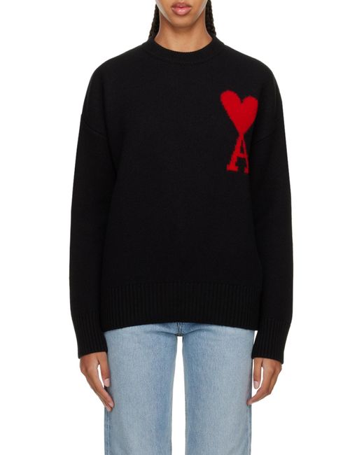 AMI Black Ami Logo Intarsia Crewneck Knitted Jumper for men