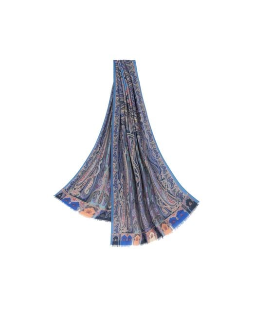 Etro Blue Fringed Paisley Scarf