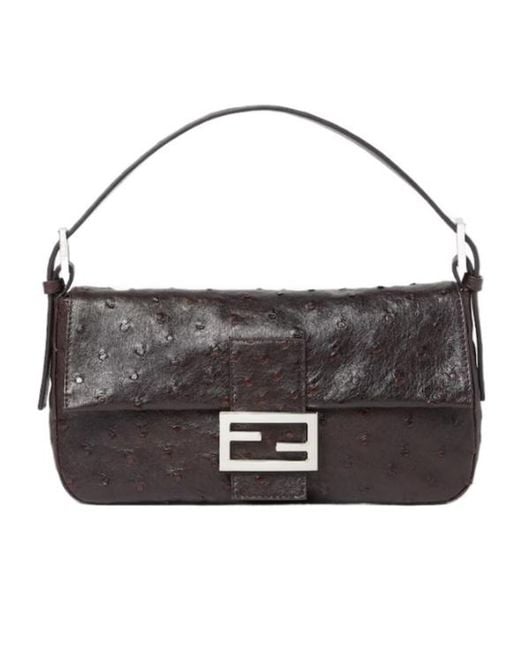 Fendi Black Baguette 26424 Dark Ostrich Leather Bag