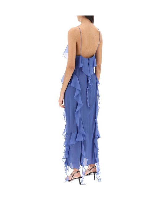 Khaite Blue Ruffle-Trim Plunging V-Neck Maxi Dress