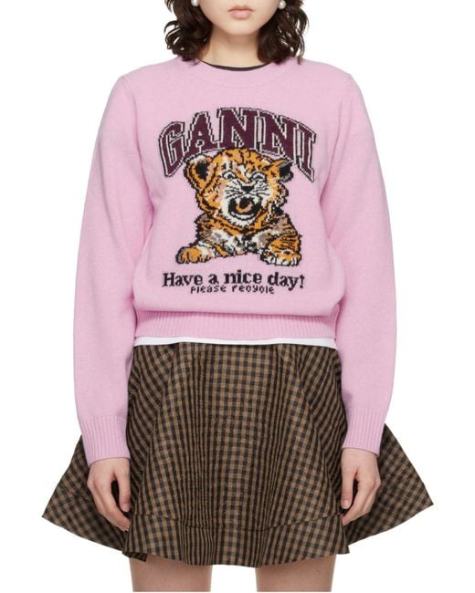 Ganni Pink Rabbit Graphic Crewneck Jumper