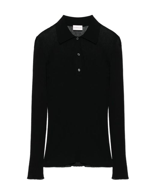 Moncler Black Long-Sleeved Fine Ribbed Polo Top