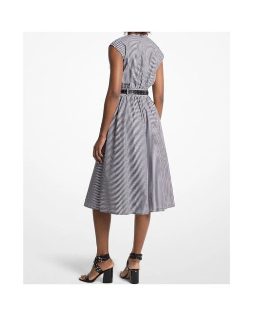 MICHAEL Michael Kors Gray Striped Poplin Belted Midi Dress