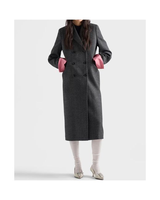 Prada Black Double-Breasted Gingham-Checked Mouliné Wool Coat