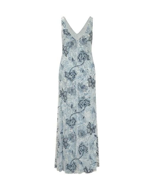 Ralph Lauren Blue Lauren Printed V-Neck Gown Dress