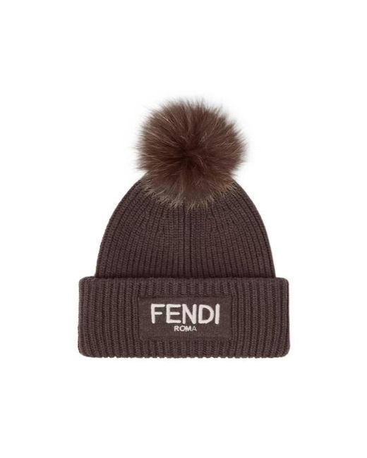 Fendi Brown Logo Embroidered Pompom Detail Beanie