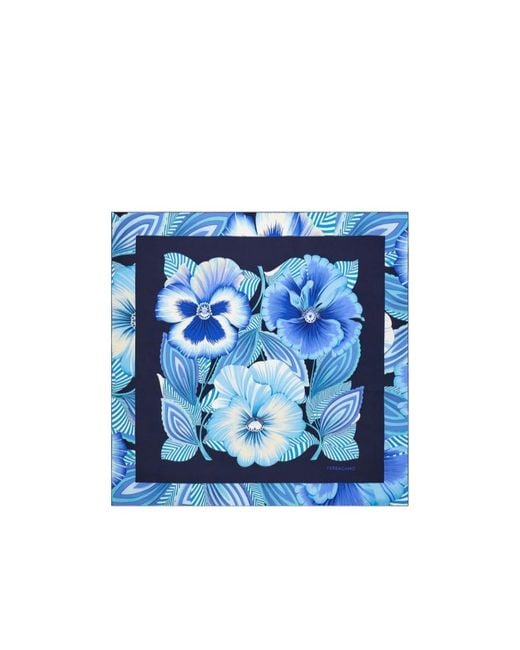 Ferragamo Blue Ferragamo Logo Detailed Floral Scarf