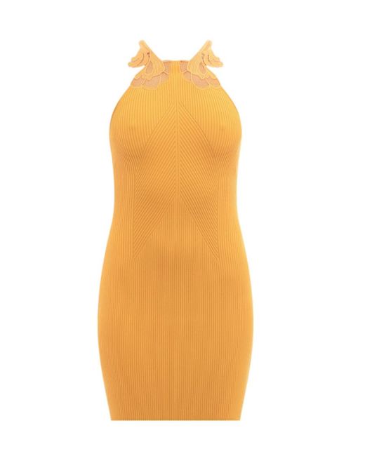 Self-Portrait Orange Lace Detailed Halter Neck Midi Dress