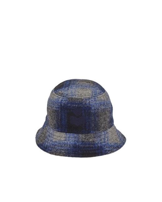 Isabel Marant Blue Logo Embroidered Checked Bucked Hat