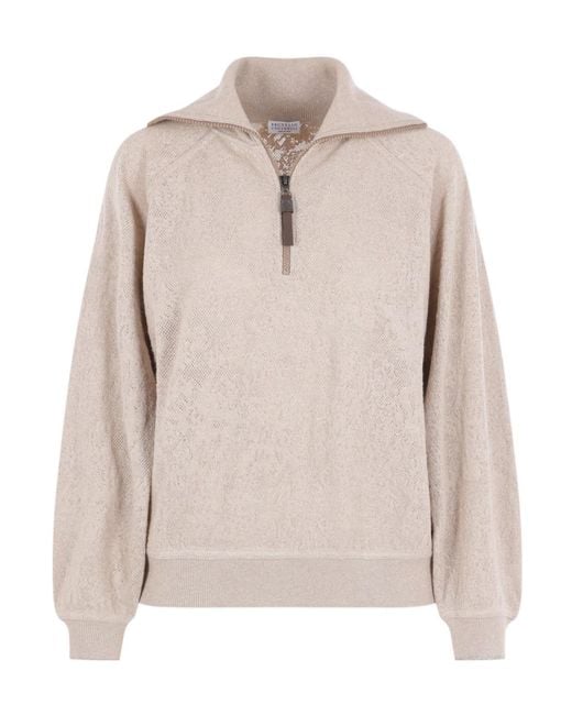 Brunello Cucinelli Natural Long-Sleeved Half-Zip Jumper