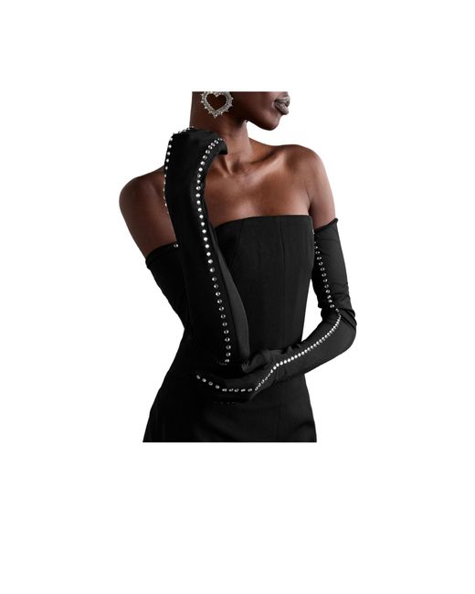 Oseree Black Crystal-Embellished Long Gloves