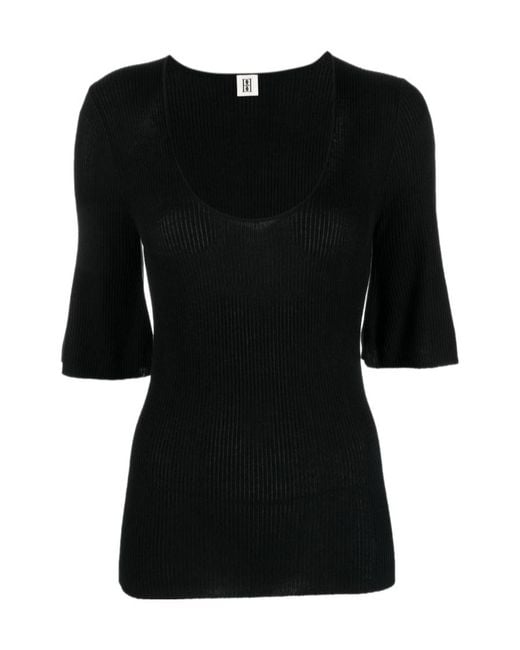 By Malene Birger Black Scoop-Neck Ribbed-Knit T-Shirt