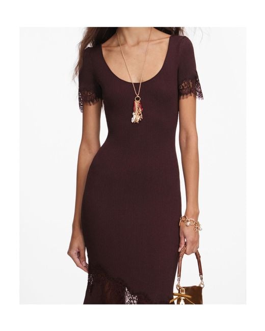 Self-Portrait Red Lace-Trim Ribbed Knitted Dress