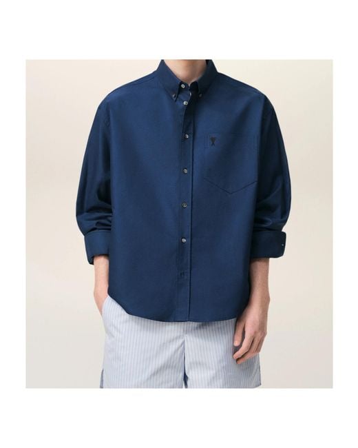 AMI Blue Ami Boxy Embroidered Ami De Coeur Shirt for men
