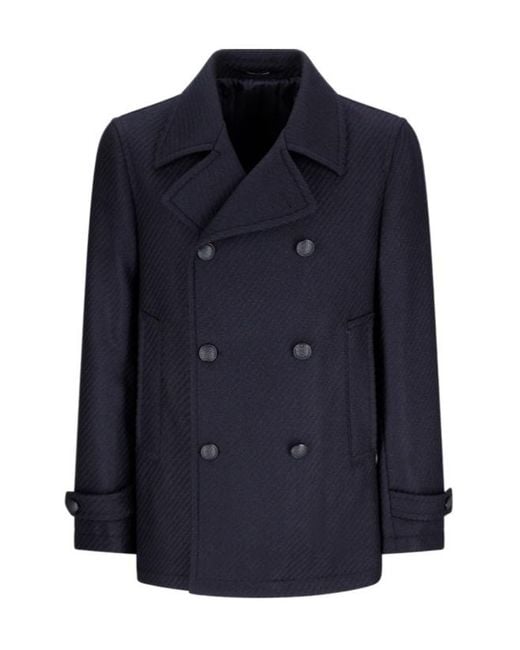 Tagliatore Blue Double-Breasted Herringbone Coat for men