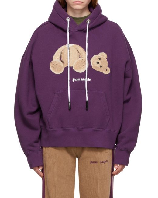 Palm Angels Purple Teddy Bear Logo Hoodie for men
