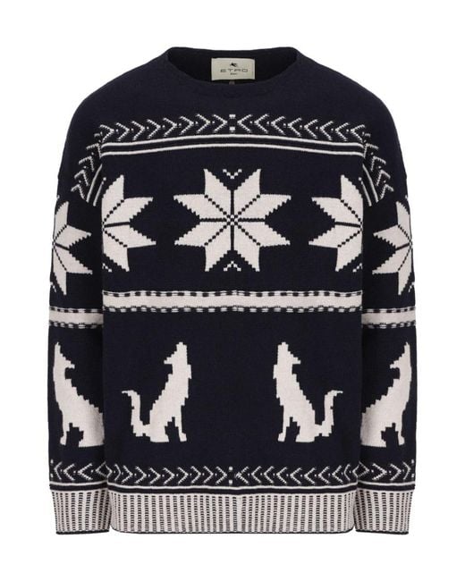 Etro Black Graphic Intarsia Knitted Crewneck Jumper for men