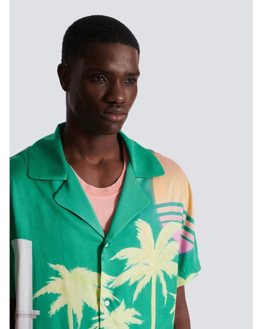 Balmain Blue Palm Printed Short-Sleeve Twill Shirt for men