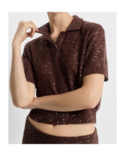 Brunello Cucinelli Brown Sequin Embellished Polo Top